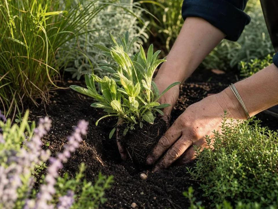 Hände setzen eine Staude in vorbereitete Gartenerde